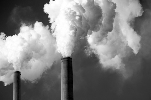 Emissions billowing from smoke stack of coal-fired power station, Kentucky