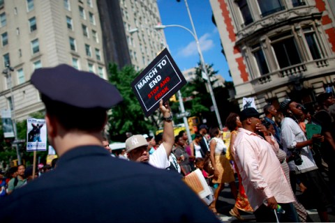 Demonstrators march during a protest in New York