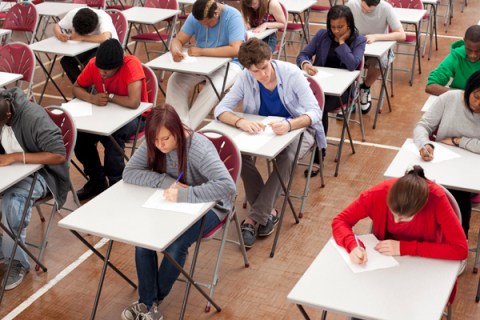  students at desks in classroom
