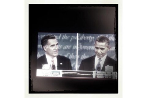 Massachusetts Gov. Mitt Romney and President Barack Obama during their first debate at the University of Denver on Wednesday, Oct. 3, 2012.