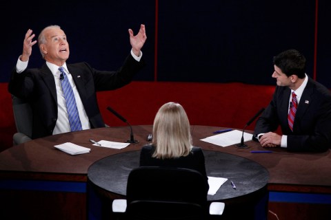 U.S. Vice President Biden makes a point in front of Republican vice presidential nominee Ryan and moderator Raddatz during the vice presidential debate in Danville