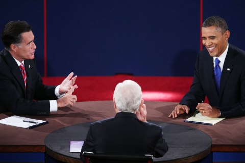 image: President Barack Obama debates with former Gov. Mitt Romney as moderator Bob Schieffer listens at the Keith C. and Elaine Johnson Wold Performing Arts Center at Lynn University in Boca Raton, Fla., Oct. 22, 2012.