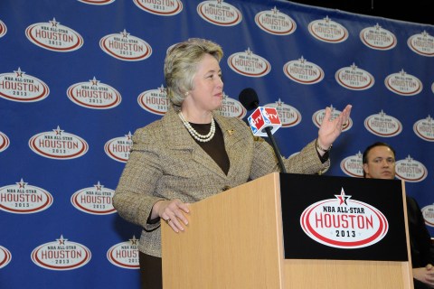 Image: Houston Mayor Annise Parker speaks to the media at a press conference to announce that Houston will host the 2013 NBA All-Star Game on February 8, 2012 