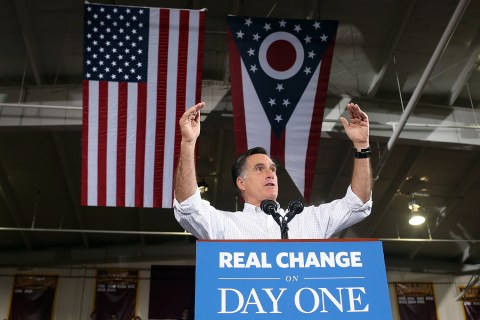 Image: Republican presidential candidate Mitt Romney speaks during a campaign rally in Avon Lake, Ohio