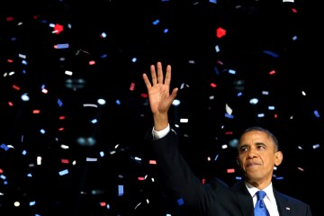 Image: President Barack Obama waves to supporters after his victory speech