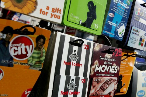 Gift cards from various retailers are seen on display at a Chevron service station convenience store Dec. 19, 2006 in San Francisco, Calif. 