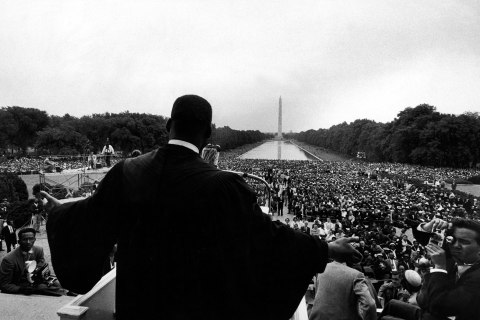 Reverend Martin Luther King Jr. speaking at 'Prayer Pilgrimage for Freedom' at Lincoln Memorial, May 17, 1957.  