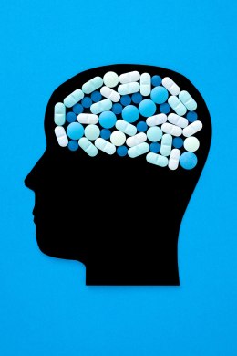 Silhouetted profile with pills forming a brain's outline