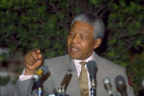 Nelson Mandela holds a press conference in Beijing in Oct. 1992.