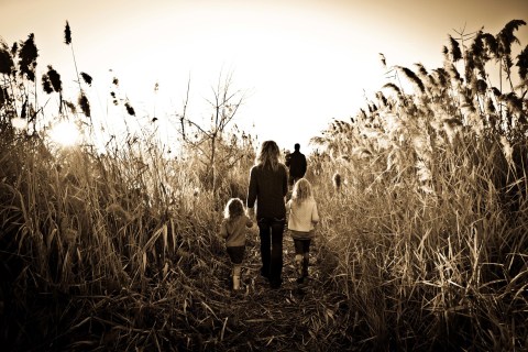 Family walking in field