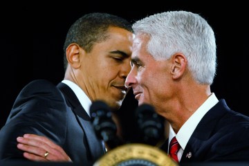 Republican Florida Governor Charlie Crist is hugged by President Barack Obama as the Governor introduces him during a Town Hall Meeting at the Harborside Event Center February 10, 2009 in Fort Myers, Fla.